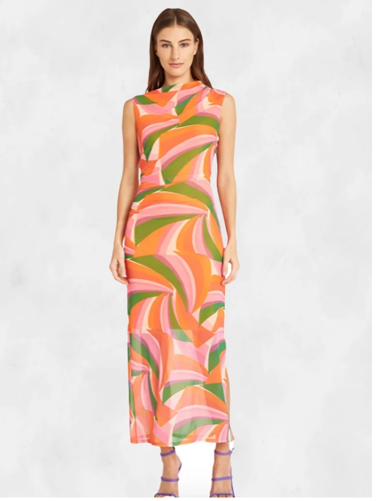 Nwt Donna Morgan Coral, Pink & Green Abstract Sleeveless Maxi Dress